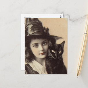 Hexe im Vintage-Look und ihre schwarze Katze Postkarte