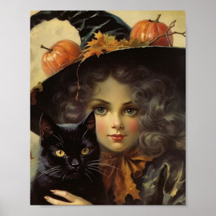 Hexe im Vintage-Stil und Halloween mit schwarzer K Poster