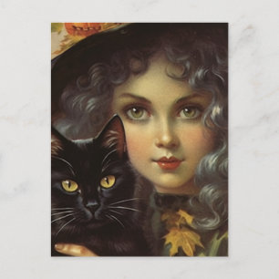 Hexe im Vintage-Stil und schwarze Katze Postkarte