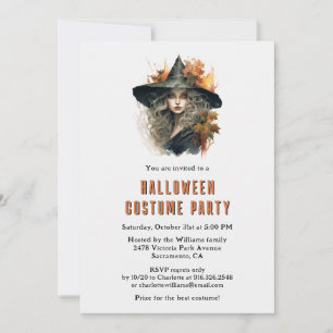 Hexe in einem Hutschwarzen KatzenHalloween-Kostüm- Einladung
