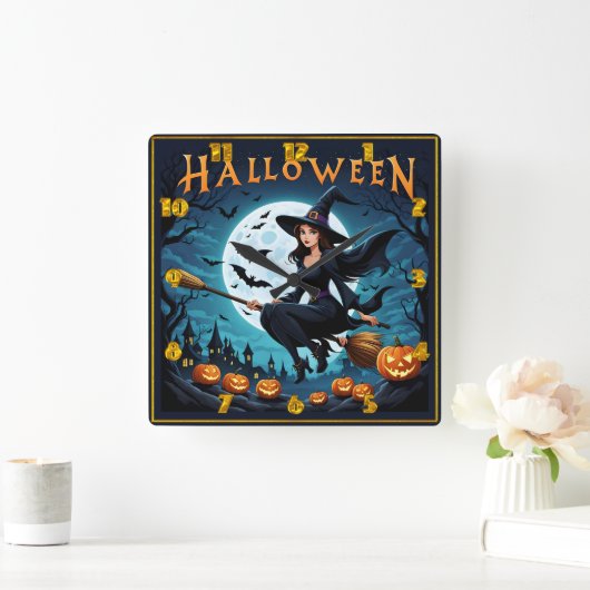 Hexe in Halloween Quadratische Wanduhr (Zuhause)