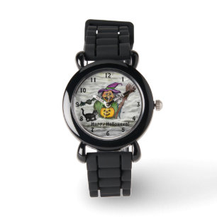Hexe, Katze, Bat und Kürbis, glückliches Halloween Armbanduhr