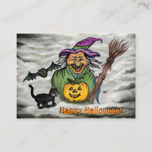 Hexe, Katze, Bat und Kürbis, glückliches Halloween Begleitkarte (Vorderseite)