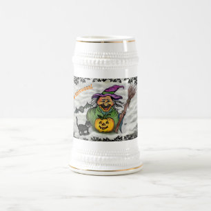 Hexe, Katze, Bat und Kürbis, glückliches Halloween Bierglas