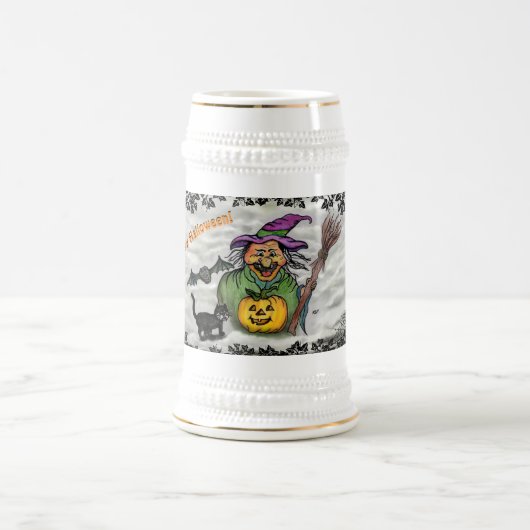 Hexe, Katze, Bat und Kürbis, glückliches Halloween Bierglas (Mittel)