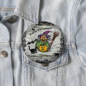 Hexe, Katze, Bat und Kürbis, glückliches Halloween Button (Beispiel)