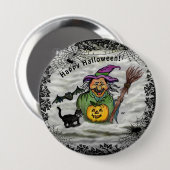 Hexe, Katze, Bat und Kürbis, glückliches Halloween Button (Vorne & Hinten)