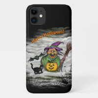 Hexe, Katze, Bat und Kürbis, glückliches Halloween