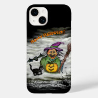 Hexe, Katze, Bat und Kürbis, glückliches Halloween