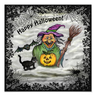 Hexe, Katze, Bat und Kürbis, glückliches Halloween Fotodruck