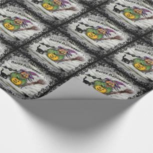 Hexe, Katze, Bat und Kürbis, glückliches Halloween Geschenkpapier