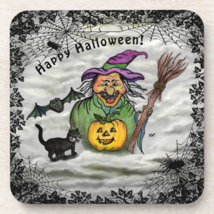 Hexe, Katze, Bat und Kürbis, glückliches Halloween Getränkeuntersetzer