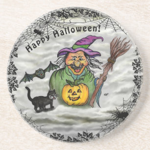 Hexe, Katze, Bat und Kürbis, glückliches Halloween Getränkeuntersetzer