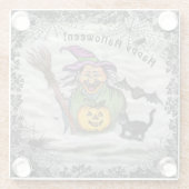 Hexe, Katze, Bat und Kürbis, glückliches Halloween Glasuntersetzer (Rückseite)