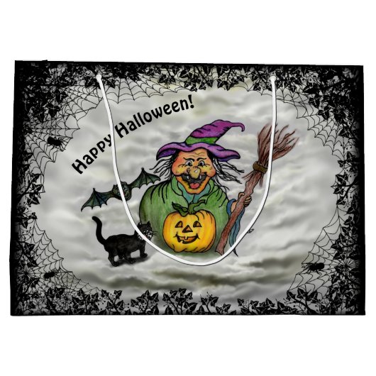 Hexe, Katze, Bat und Kürbis, glückliches Halloween Große Geschenktüte (Rückseite)