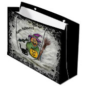 Hexe, Katze, Bat und Kürbis, glückliches Halloween Große Geschenktüte (Vorderseite Schrägansicht)