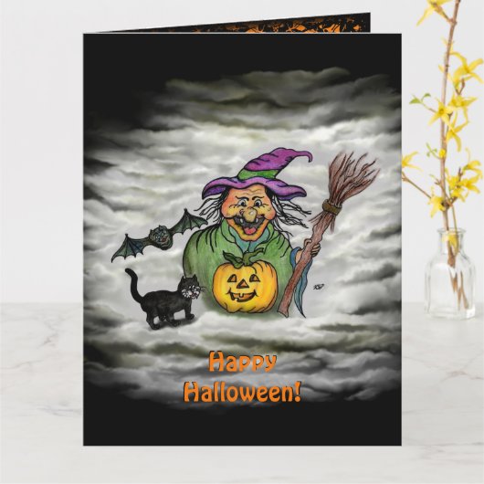 Hexe, Katze, Bat und Kürbis, glückliches Halloween Karte (Gelbe Blume)