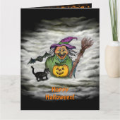 Hexe, Katze, Bat und Kürbis, glückliches Halloween Karte (Vorderseite)
