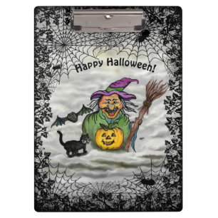 Hexe, Katze, Bat und Kürbis, glückliches Halloween Klemmbrett