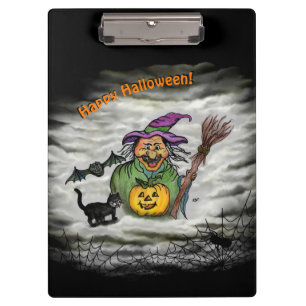 Hexe, Katze, Bat und Kürbis, glückliches Halloween Klemmbrett