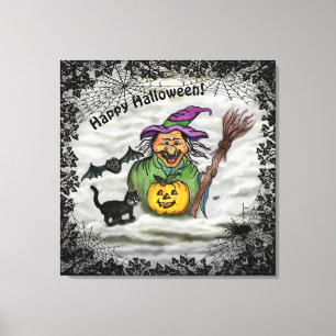 Hexe, Katze, Bat und Kürbis, glückliches Halloween Leinwanddruck