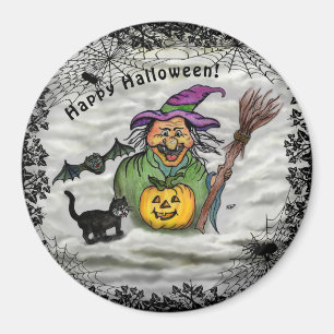 Hexe, Katze, Bat und Kürbis, glückliches Halloween Magnet