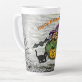 Hexe, Katze, Bat und Kürbis, glückliches Halloween Milchtasse (Linke Ecke)