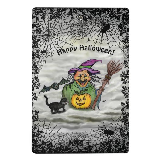Hexe, Katze, Bat und Kürbis, glückliches Halloween Mini Klemmbrett (Rückseite)