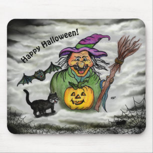 Hexe, Katze, Bat und Kürbis, glückliches Halloween Mousepad