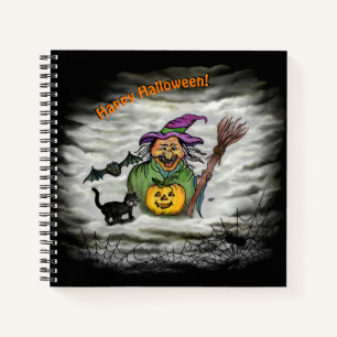Hexe, Katze, Bat und Kürbis, glückliches Halloween Notizblock