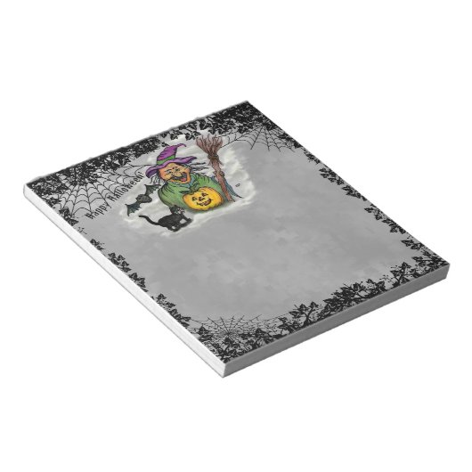 Hexe, Katze, Bat und Kürbis, glückliches Halloween Notizblock (angewinkelt)