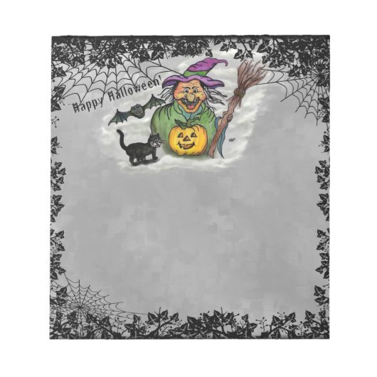 Hexe, Katze, Bat und Kürbis, glückliches Halloween Notizblock (Vorderseite)