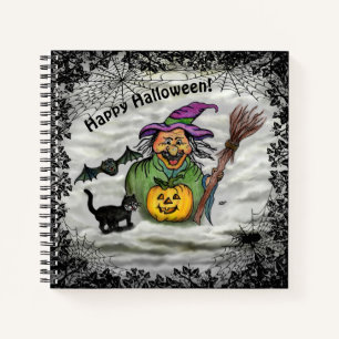 Hexe, Katze, Bat und Kürbis, glückliches Halloween Notizblock