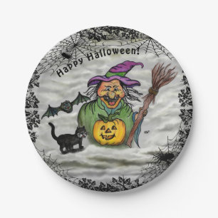 Hexe, Katze, Bat und Kürbis, glückliches Halloween Pappteller