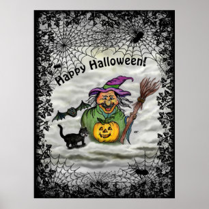 Hexe, Katze, Bat und Kürbis, glückliches Halloween Poster