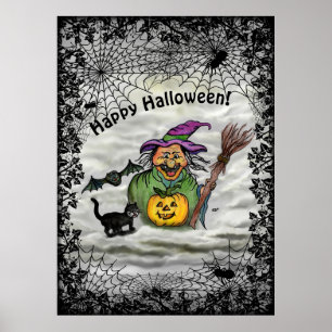 Hexe, Katze, Bat und Kürbis, glückliches Halloween Poster