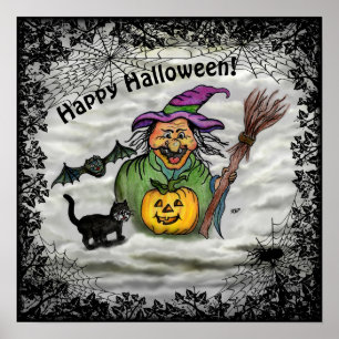 Hexe, Katze, Bat und Kürbis, glückliches Halloween Poster