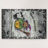 Hexe, Katze, Bat und Kürbis, glückliches Halloween Puzzle (Horizontal)