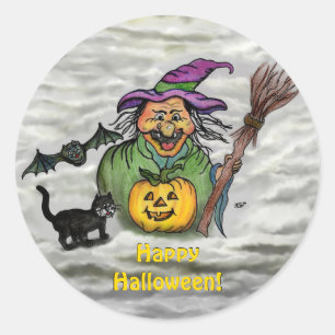 Hexe, Katze, Bat und Kürbis, glückliches Halloween Runder Aufkleber