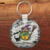 Hexe, Katze, Bat und Kürbis, glückliches Halloween Schlüsselanhänger (Vorderseite)