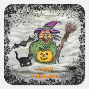 Hexe , Katze , Bat und Pumpkin , glückliches Hall Quadratischer Aufkleber