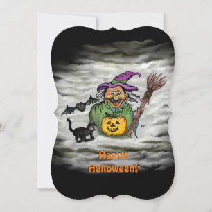 Hexe, Katze, Fledermaus und Kürbis, Frohes Hallowe Einladung