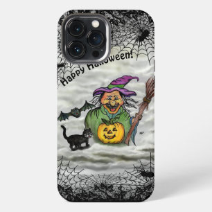 Hexe, Katze, Fledermaus und Kürbis, Frohes Hallowe iPhone 13 Pro Max Hülle