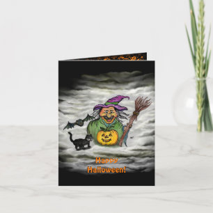 Hexe, Katze, Fledermaus und Kürbis, Frohes Hallowe Karte