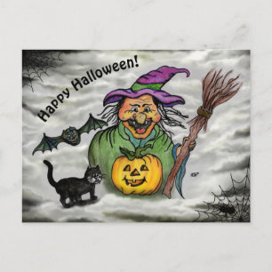 Hexe, Katze, Fledermaus und Kürbis, Frohes Hallowe Postkarte