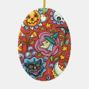 HEXE, KATZE, GEIST, FARBENFROHE HALLOWEEN-FIGUREN KERAMIK ORNAMENT