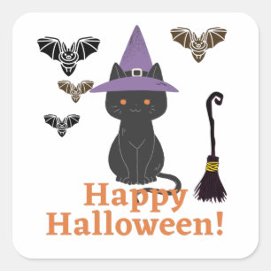 Hexe Katze mit Fledermäusen Happy Halloween! Quadratischer Aufkleber