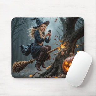 Hexe kracht beim Texten gegen einen Baum Mousepad