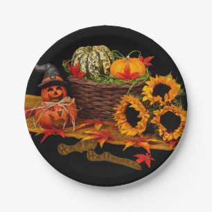 Hexe-Kürbis und Sonnenblumen Halloween Pappteller