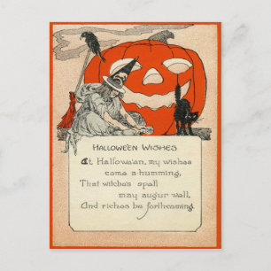 Hexe-Kürbislaterne-schwarze Katzen-Rabe Postkarte